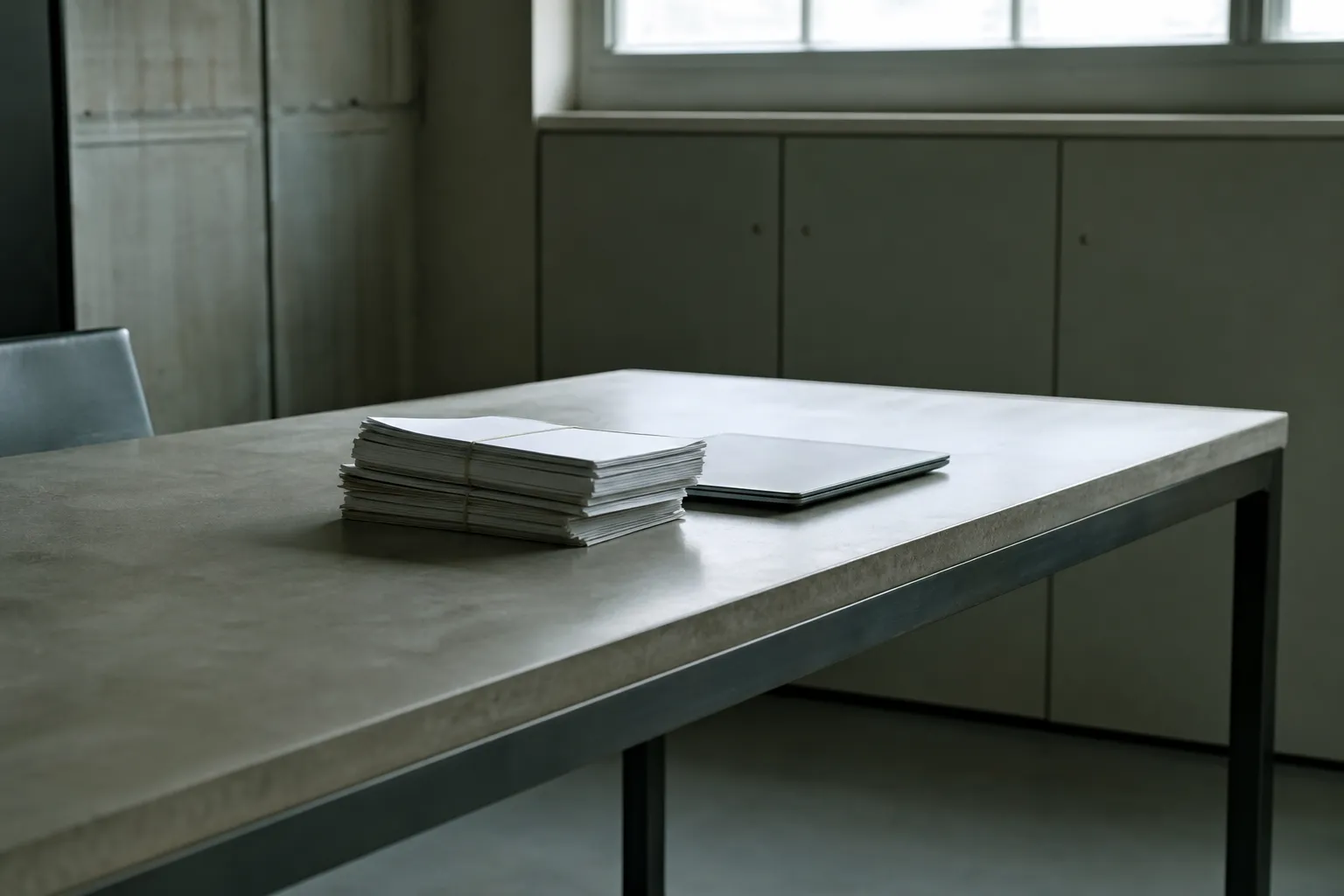 Bureau sobre en béton lissé et acier brossé, documents fermés et ordinateur portable, lumière naturelle froide