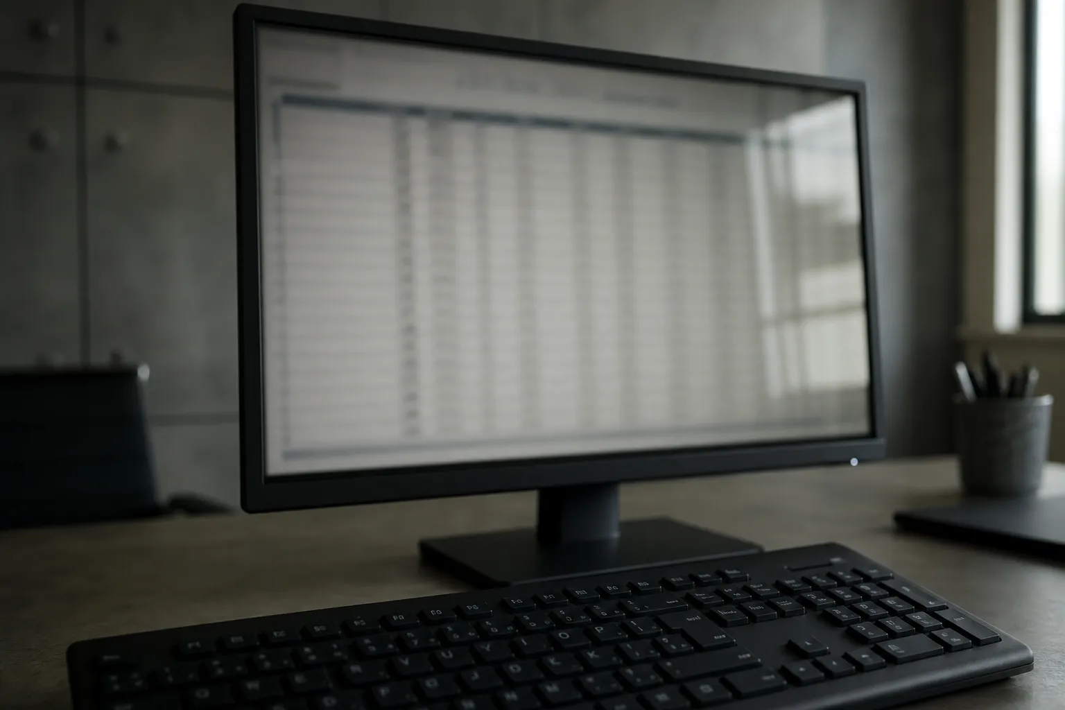 Écran d’ordinateur affichant un tableau de chiffres flou et illisible, clavier au premier plan, bureau sobre